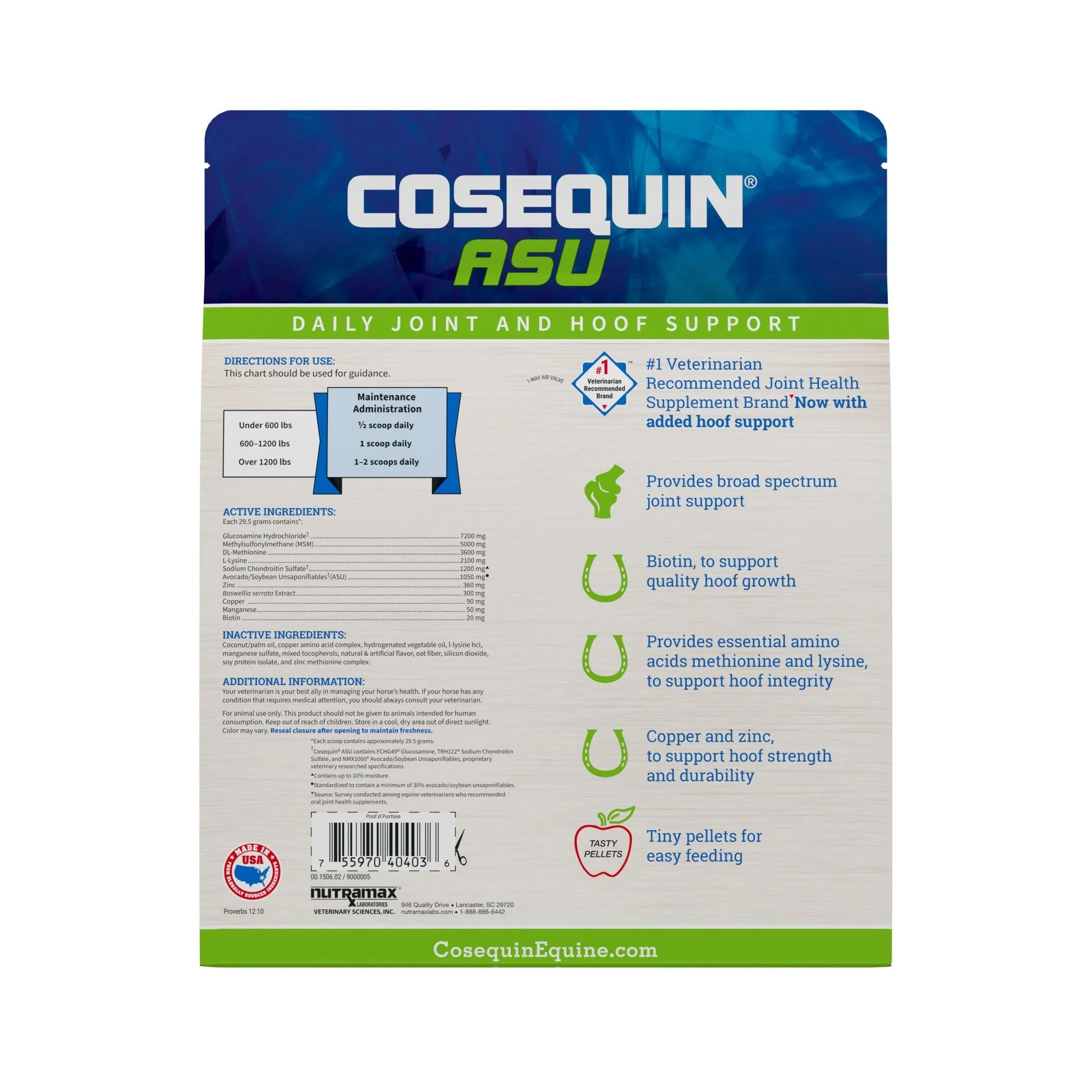 Nutramax Cosequin ASU Joint & Hoof Pellets Joint Health Supplement for Horses - Image 2