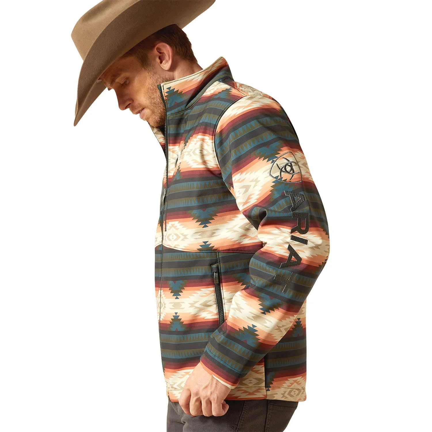 Ariat Mens Western Print Logo Softshell Jacket – Water-Resistant Stretch Lightweight Jacket - Image 3