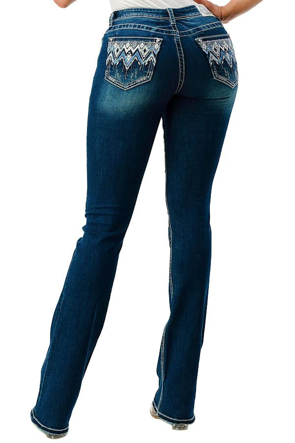 Grace in LA Women's Western Aztec Embroidered Mid Rise Bootcut Jeans - Image 2