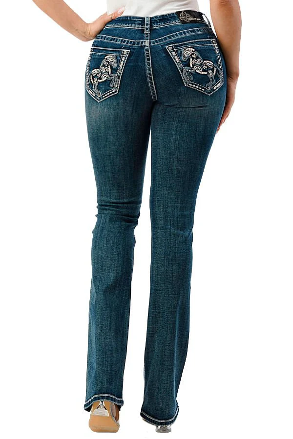 Grace in LA Women's Western Horse Embroidered Mid Rise Bootcut Jeans - Image 2