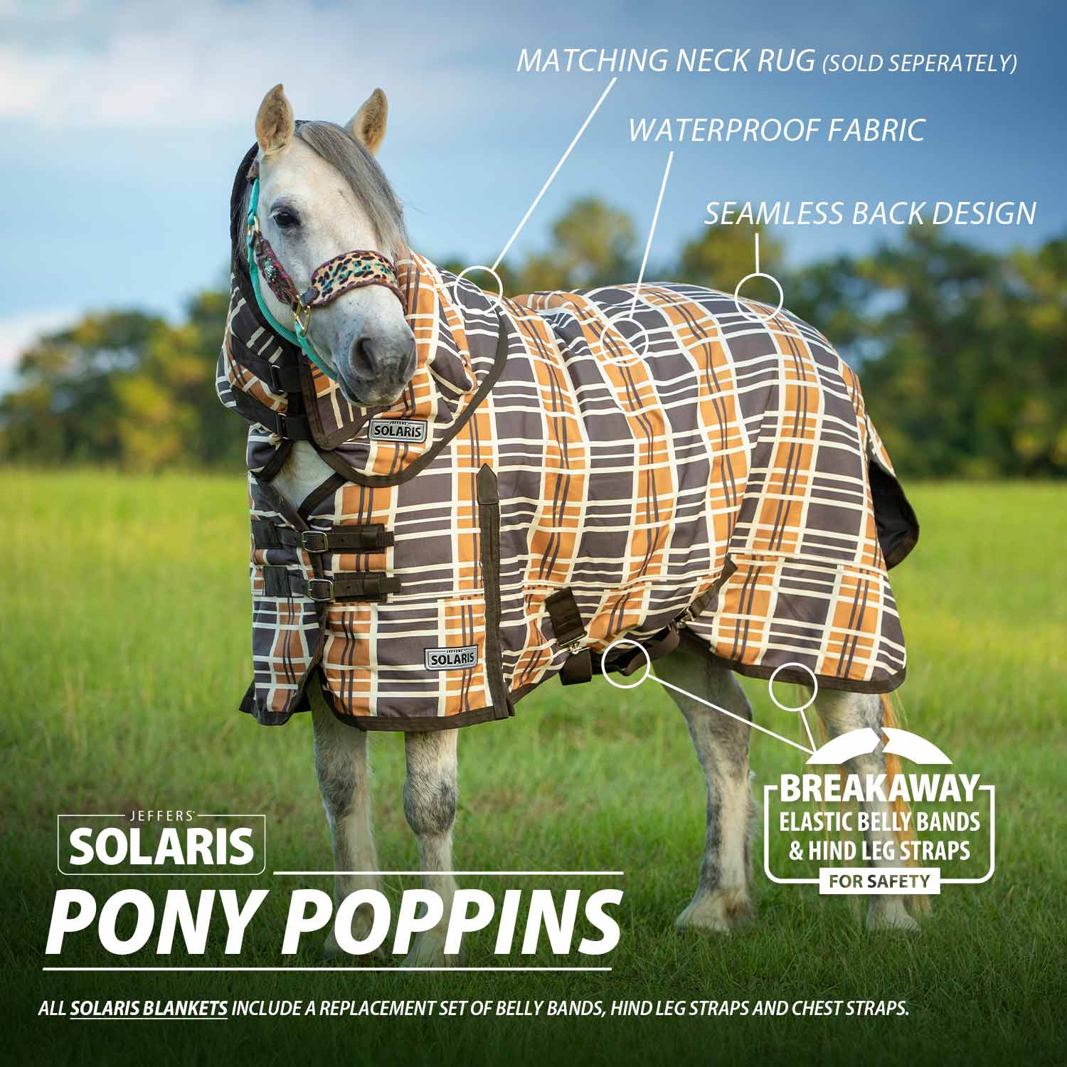 Jeffers Pony Poppins Solaris 1200D Pony Horse Turnout Blanket, 240 Gram, Brown & Cream Plaid - Image 2