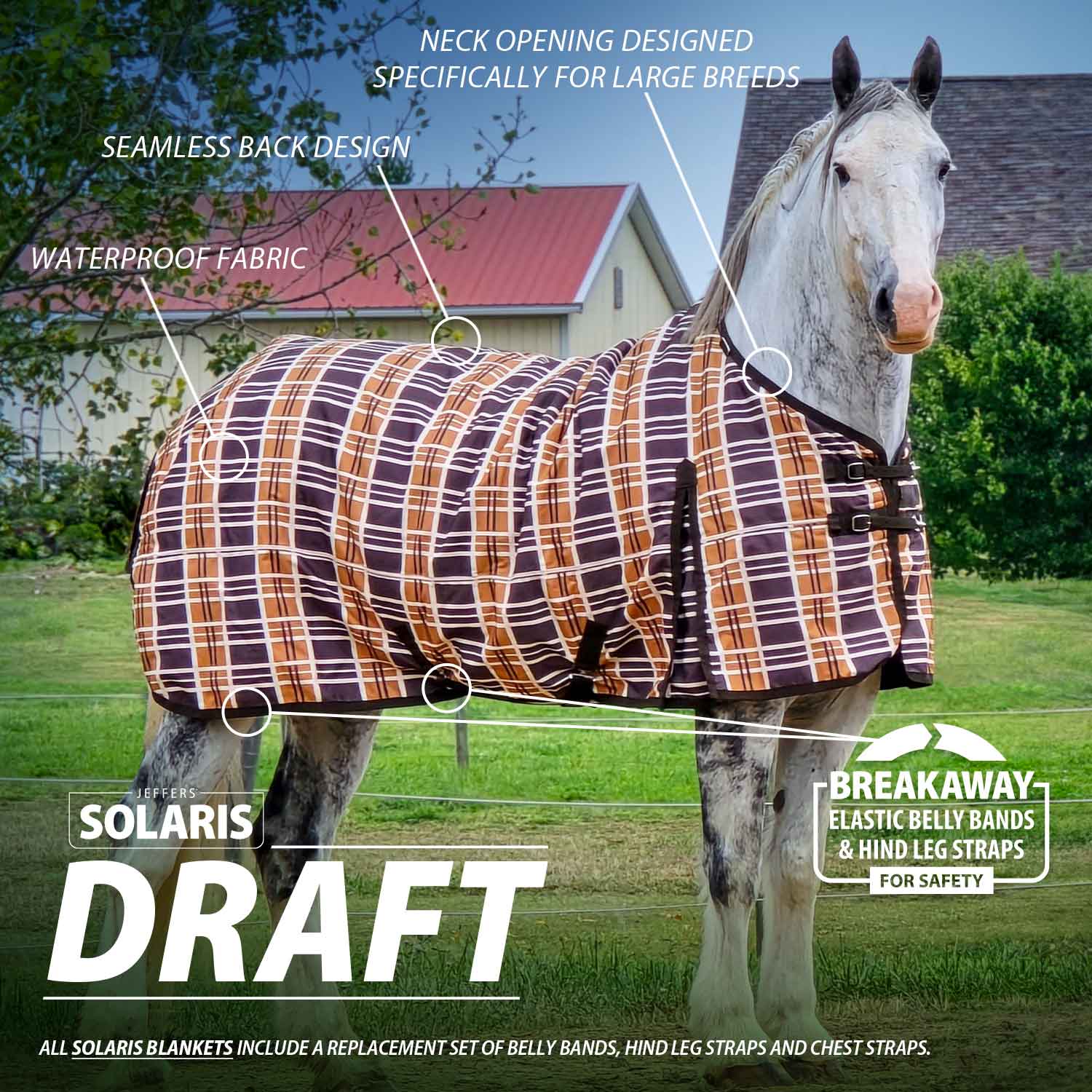Jeffers Solaris 1200 Denier Draft Horse Turnout Blanket, 240g, Brown & Cream Plaid - Image 2