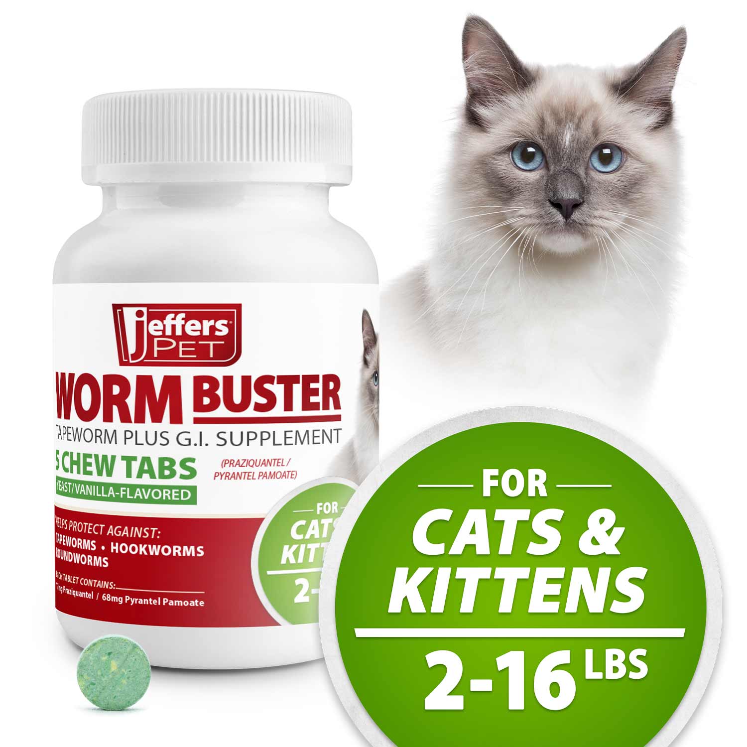 Jeffers WORM BUSTER Cat Dewormer Flavored Tablets with Praziquantel & Pyrantel - Image 2